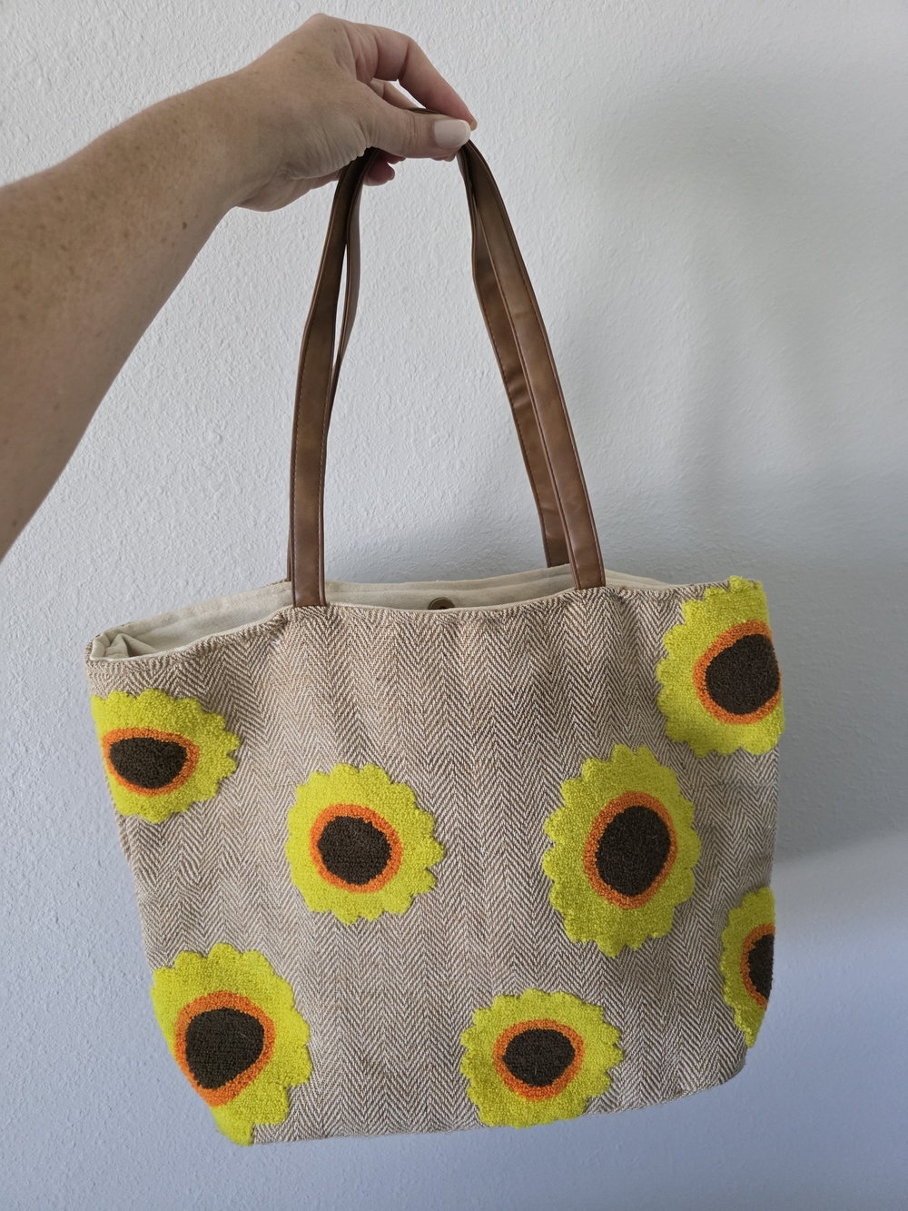 Beige Sunflower Tote Bag with Brown Handles